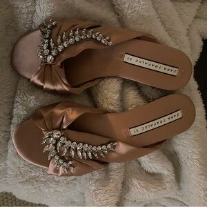 Zara Women's Satin Sandals with Crystal Embellishments - dusty rose 🌹 color.